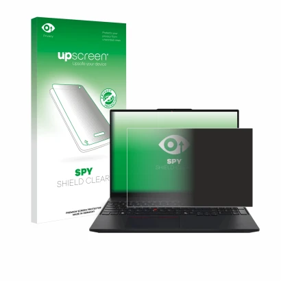 Vorderseite einer Produktverpackung mit dem Markenlogo upscreen. Daneben ist das Gerät Lenovo ThinkPad L16 Gen 1 mit dem zugeh