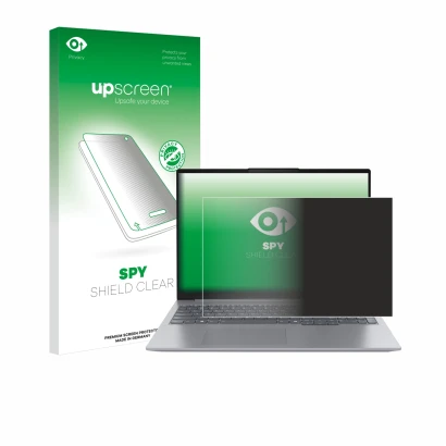 Vorderseite einer Produktverpackung mit dem Markenlogo upscreen. Daneben ist das Gerät Lenovo ThinkBook 16 Gen 7 mit dem zugeh