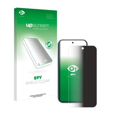 Vorderseite einer Produktverpackung mit dem Markenlogo upscreen. Daneben ist das Gerät Google Pixel 9 mit dem zugehörigen Disp