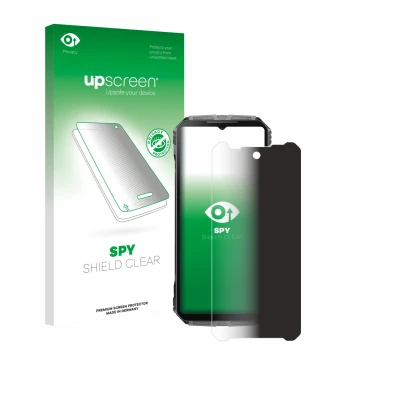Vorderseite einer Produktverpackung mit dem Markenlogo upscreen. Daneben ist das Gerät Doogee V40 Pro mit dem zugehörigen Disp