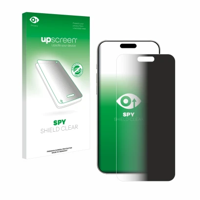 Vorderseite einer Produktverpackung mit dem Markenlogo upscreen. Daneben ist das Gerät Apple iPhone 16 Plus mit dem zugehörige