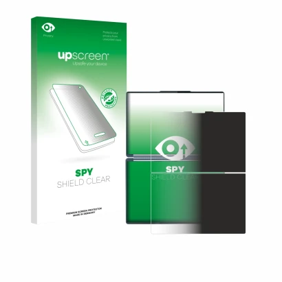 Vorderseite einer Produktverpackung mit dem Markenlogo upscreen. Daneben ist das Gerät Lenovo Yoga Book 9i Gen 10 mit dem zuge