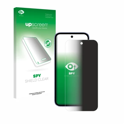 Vorderseite einer Produktverpackung mit dem Markenlogo upscreen. Daneben ist das Gerät Google Pixel 9a mit dem zugehörigen Dis