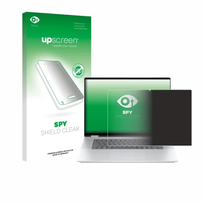Vorderseite einer Produktverpackung mit dem Markenlogo upscreen. Daneben ist das Gerät HP OmniBook X Flip 16-aX mit dem zugehö