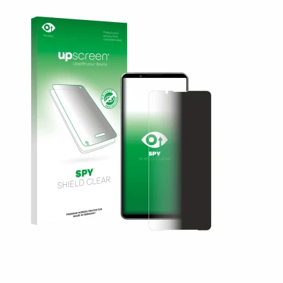 Vorderseite einer Produktverpackung mit dem Markenlogo upscreen. Daneben ist das Gerät Sony Xperia 1 VII mit dem zugehörigen D