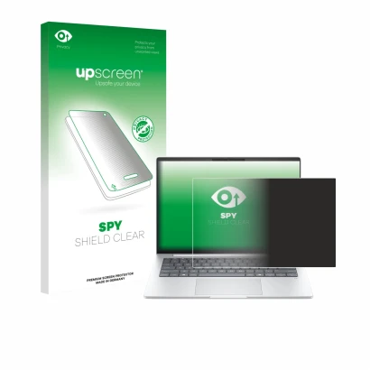 Vorderseite einer Produktverpackung mit dem Markenlogo upscreen. Daneben ist das Gerät HP EliteBook 8 G1i 14" mit dem zugehöri