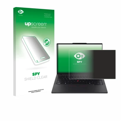 Vorderseite einer Produktverpackung mit dem Markenlogo upscreen. Daneben ist das Gerät Lenovo ThinkPad T14 Gen 6 mit dem zugeh