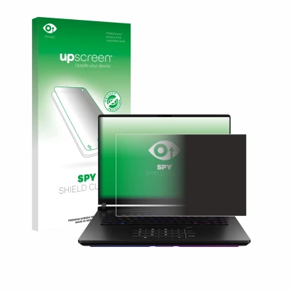 Vorderseite einer Produktverpackung mit dem Markenlogo upscreen. Daneben ist das Gerät ASUS ROG Strix SCAR 18 2025 mit dem zug