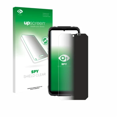 Vorderseite einer Produktverpackung mit dem Markenlogo upscreen. Daneben ist das Gerät Blackview Rock 1 mit dem zugehörigen Di