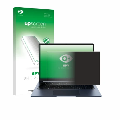 Vorderseite einer Produktverpackung mit dem Markenlogo upscreen. Daneben ist das Gerät Chuwi CoreBook Air 14" mit dem zugehöri