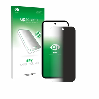 Vorderseite einer Produktverpackung mit dem Markenlogo upscreen. Daneben ist das Gerät Google Pixel 10a mit dem zugehörigen Di