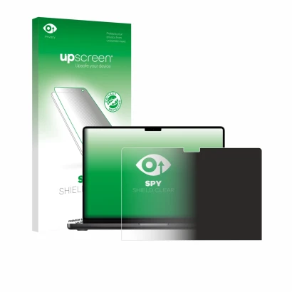 Vorderseite einer Produktverpackung mit dem Markenlogo upscreen. Daneben ist das Gerät Apple MacBook Pro 14" M5 2026 mit dem z