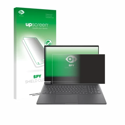Vorderseite einer Produktverpackung mit dem Markenlogo upscreen. Daneben ist das Gerät HP Victus 16-r0024nf mit dem zugehörige