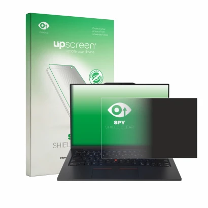 Vorderseite einer Produktverpackung mit dem Markenlogo upscreen. Daneben ist das Gerät Lenovo ThinkPad X1 Carbon Gen 13 14" mi