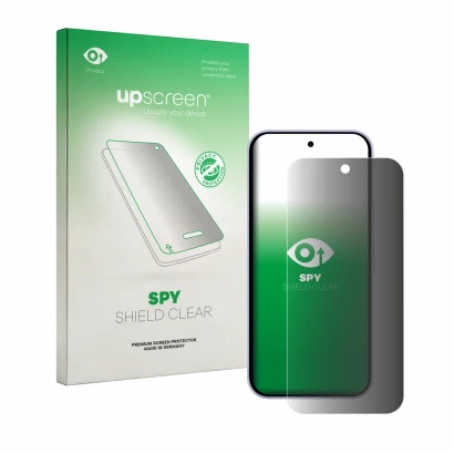 Vorderseite einer Produktverpackung mit dem Markenlogo upscreen. Daneben ist das Gerät Google Pixel 11 mit dem zugehörigen Dis