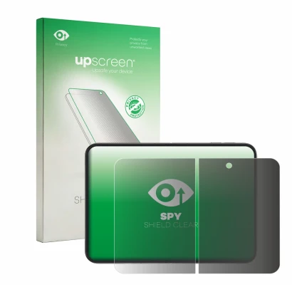 Vorderseite einer Produktverpackung mit dem Markenlogo upscreen. Daneben ist das Gerät Apple iPhone Duo (Inneres Display) mit 