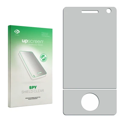 Vorderseite einer Produktverpackung mit dem Markenlogo upscreen. Daneben ist der zugehörige Displayschutz.