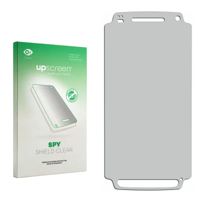 Vorderseite einer Produktverpackung mit dem Markenlogo upscreen. Daneben ist der zugehörige Displayschutz.