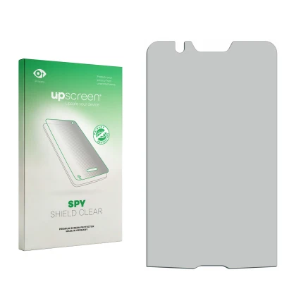 Vorderseite einer Produktverpackung mit dem Markenlogo upscreen. Daneben ist der zugehörige Displayschutz.