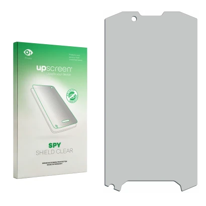 Vorderseite einer Produktverpackung mit dem Markenlogo upscreen. Daneben ist der zugehörige Displayschutz.