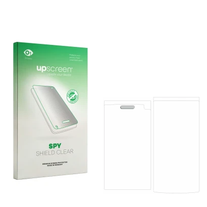 Vorderseite einer Produktverpackung mit dem Markenlogo upscreen. Daneben ist der zugehörige Displayschutz.