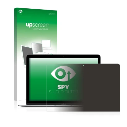 Vorderseite einer Produktverpackung mit dem Markenlogo upscreen. Daneben ist das Gerät Apple MacBook Retina 12" 2017 mit dem z