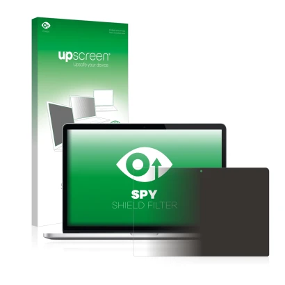 Vorderseite einer Produktverpackung mit dem Markenlogo upscreen. Daneben ist das Gerät Apple MacBook Pro Retina 15" 2013 mit d