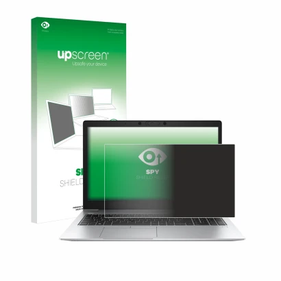 Vorderseite einer Produktverpackung mit dem Markenlogo upscreen. Daneben ist das Gerät HP EliteBook 850 G6 mit dem zugehörigen