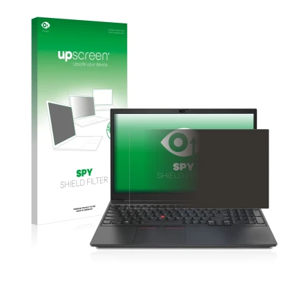 Vorderseite einer Produktverpackung mit dem Markenlogo upscreen. Daneben ist das Gerät Lenovo ThinkPad E15 mit dem zugehörigen