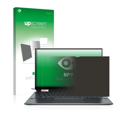 Vorderseite einer Produktverpackung mit dem Markenlogo upscreen. Daneben ist das Gerät HP Spectre x360 13-aw0000ns mit dem zug