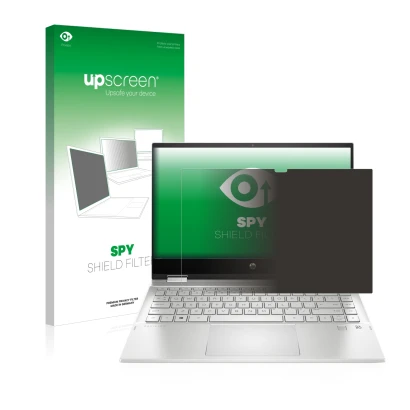 Vorderseite einer Produktverpackung mit dem Markenlogo upscreen. Daneben ist das Gerät HP Pavilion x360 (14-dwX) mit dem zugeh