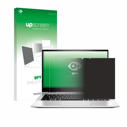 Vorderseite einer Produktverpackung mit dem Markenlogo upscreen. Daneben ist das Gerät HP EliteBook x360 830 G8 mit dem zugehö