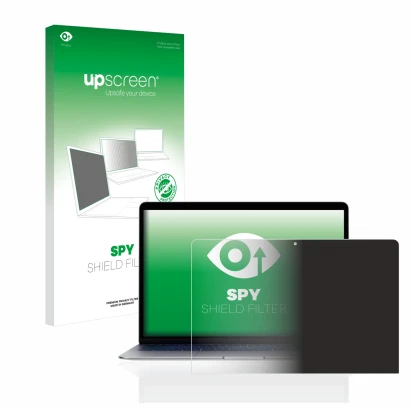 Vorderseite einer Produktverpackung mit dem Markenlogo upscreen. Daneben ist das Gerät Apple MacBook Air 13" 2020 mit dem zuge