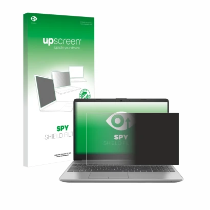 Vorderseite einer Produktverpackung mit dem Markenlogo upscreen. Daneben ist das Gerät HP 250 G9 mit dem zugehörigen Displaysc
