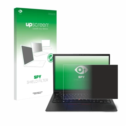 Vorderseite einer Produktverpackung mit dem Markenlogo upscreen. Daneben ist das Gerät Lenovo ThinkPad X1 Carbon 14" Gen 11 mi