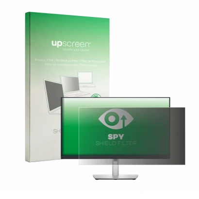 Vorderseite einer Produktverpackung mit dem Markenlogo upscreen. Daneben ist das Gerät Dell P2722H mit dem zugehörigen Display