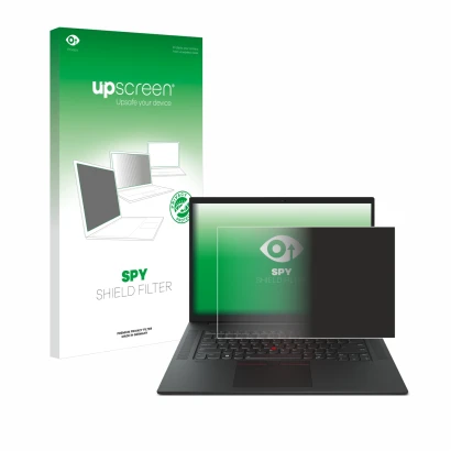 Vorderseite einer Produktverpackung mit dem Markenlogo upscreen. Daneben ist das Gerät Lenovo ThinkPad P1 Gen 6 16" mit dem zu