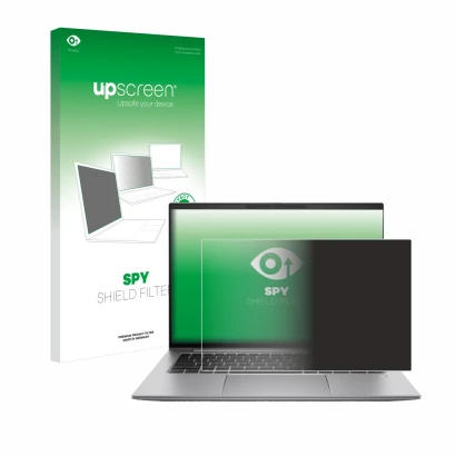 Vorderseite einer Produktverpackung mit dem Markenlogo upscreen. Daneben ist das Gerät HP Zbook Firefly 14 G11 mit dem zugehör
