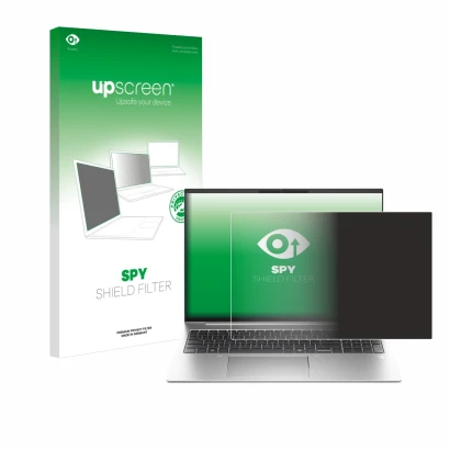 Vorderseite einer Produktverpackung mit dem Markenlogo upscreen. Daneben ist das Gerät HP EliteBook 835 G11 mit dem zugehörige