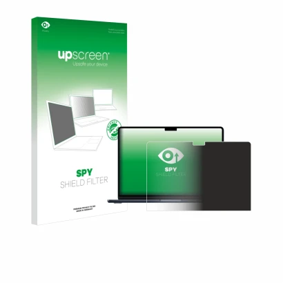 Vorderseite einer Produktverpackung mit dem Markenlogo upscreen. Daneben ist das Gerät Apple MacBook Air 13" M4 2025 mit dem z