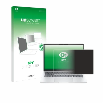 Vorderseite einer Produktverpackung mit dem Markenlogo upscreen. Daneben ist das Gerät HP EliteBook 8 G1i 14" mit dem zugehöri