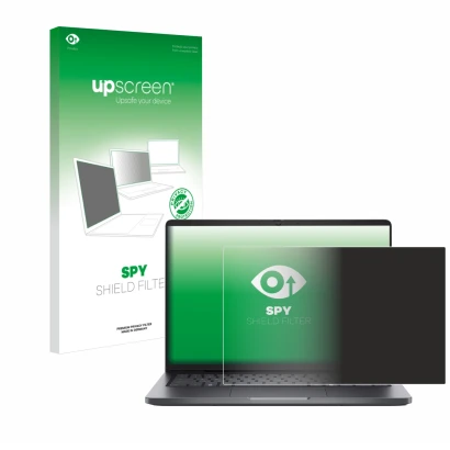 Vorderseite einer Produktverpackung mit dem Markenlogo upscreen. Daneben ist das Gerät Dell Pro 14 PC14250 mit dem zugehörigen