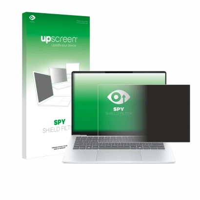 Vorderseite einer Produktverpackung mit dem Markenlogo upscreen. Daneben ist das Gerät HP OmniBook 5 14 mit dem zugehörigen Di