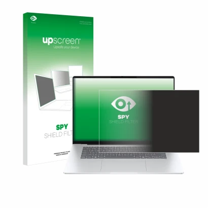 Vorderseite einer Produktverpackung mit dem Markenlogo upscreen. Daneben ist das Gerät HP OmniBook 5 16 mit dem zugehörigen Di