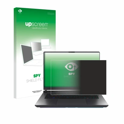 Vorderseite einer Produktverpackung mit dem Markenlogo upscreen. Daneben ist das Gerät ASUS ROG Strix G16 2025 mit dem zugehör