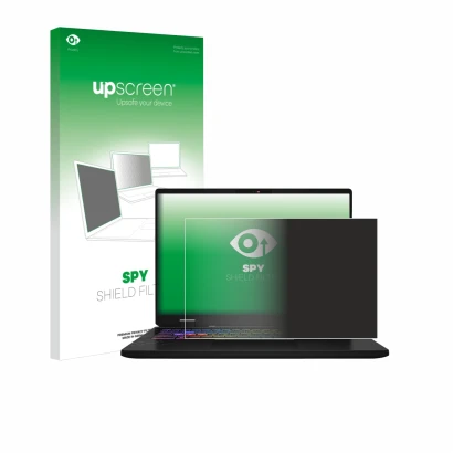 Vorderseite einer Produktverpackung mit dem Markenlogo upscreen. Daneben ist das Gerät MSI Vector 16 HX AI mit dem zugehörigen