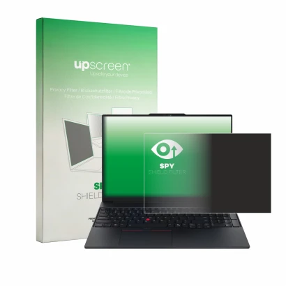 Vorderseite einer Produktverpackung mit dem Markenlogo upscreen. Daneben ist das Gerät Lenovo ThinkPad E16 Gen 4 mit dem zugeh