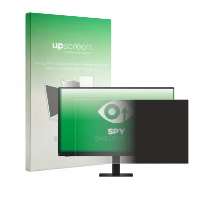 Vorderseite einer Produktverpackung mit dem Markenlogo upscreen. Daneben ist das Gerät Samsung ViewFinity S70D 27" mit dem zug