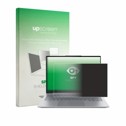 Vorderseite einer Produktverpackung mit dem Markenlogo upscreen. Daneben ist das Gerät Lenovo ThinkBook 14 Gen 9 mit dem zugeh