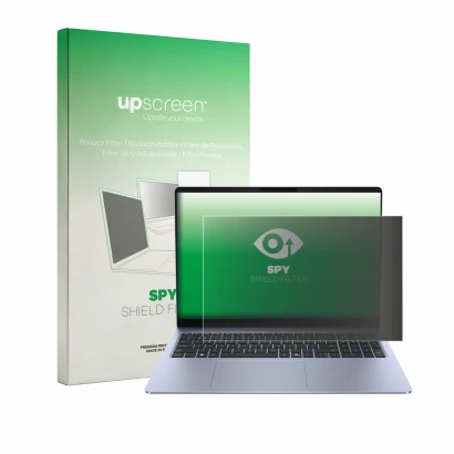 Vorderseite einer Produktverpackung mit dem Markenlogo upscreen. Daneben ist das Gerät Dell 16S mit dem zugehörigen Displaysch